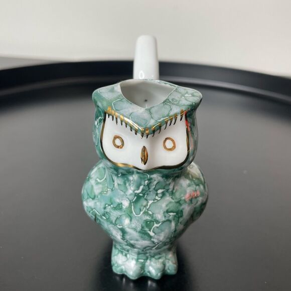 Karlovy Vary Porcelain Owl Sipping Cup Hand Painted Original Marbled teal gold - Picture 1 of 7